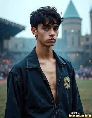 Standing outside a castle, a young man wears an open black jacket on a grassy field