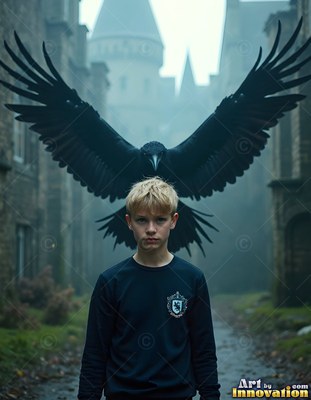 A blond young man in a dark shirt stands before a giant black raven outside a castle