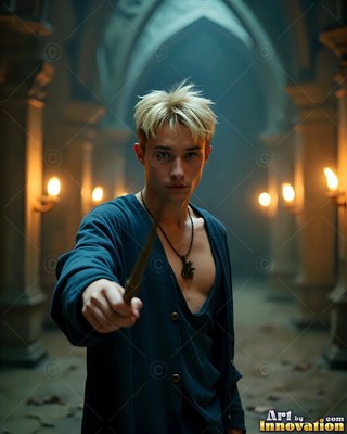 In a stone hallway, a blond young man points a wand forward in dim torchlight