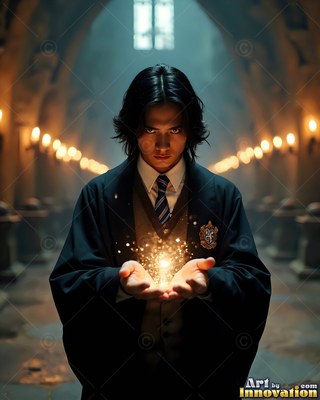 Holding bright yellow sparks in his hands, a young man wears a dark school robe in a hall