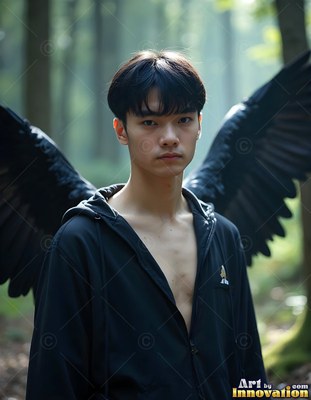 A young man with large black feathered wings in a forest