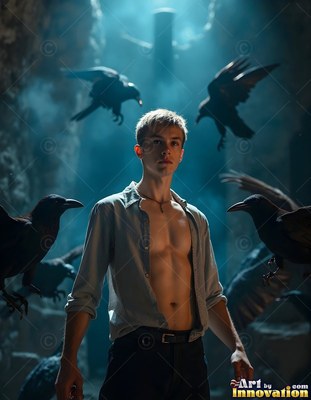An unbuttoned gray shirt reveals a young man standing among large black ravens in a dim room