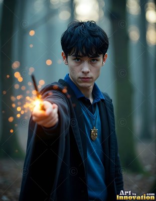A young man points a wand forward with bright sparks flying in the woods