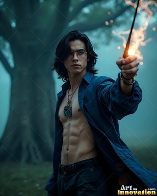 Facing forward in a misty forest, a shirtless man points a sparking wand