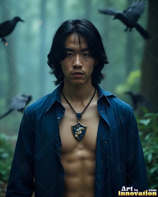 A man in a clear blue collared shirt stands in a misty forest surrounded by flying black birds