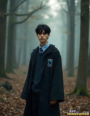 In a foggy forest, a young man stands in a dark school robe and blue collared shirt