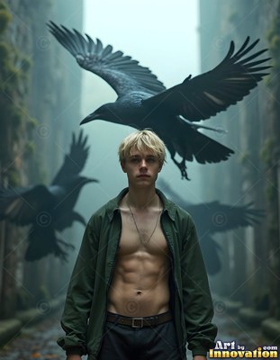 Standing in an open green jacket, a blond young man watches black ravens fly overhead