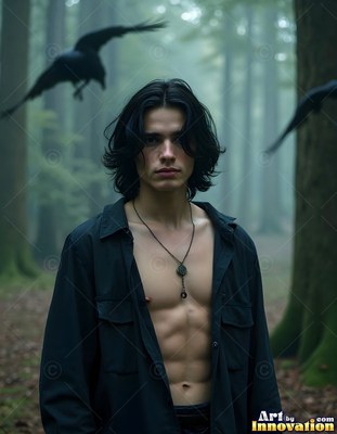 A bare-chested man in an unbuttoned black shirt stands near ravens in a forest