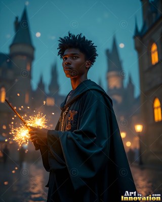 Dressed in a dark hooded robe, a young man grips a sparking wand outside a castle courtyard