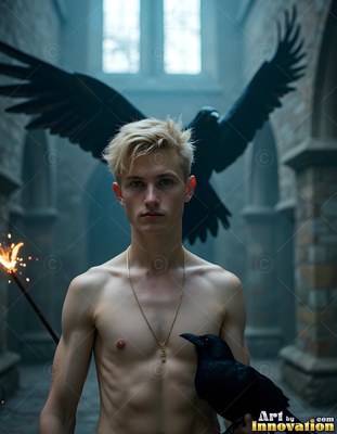 A shirtless blond man stands with two black ravens in a stone hall filled with cool blue light