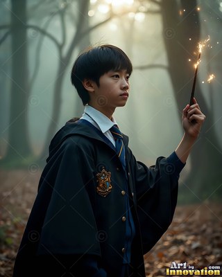 Standing in profile in a dim woods, a young man grips a sparking wand aloft