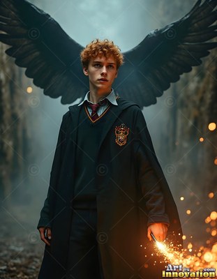 A young man in a black school robe holds a spark-lit wand with black wings behind him