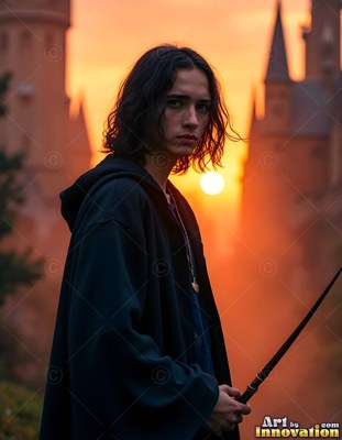 Outside a castle at sunset, a young man in black robes holds a wand