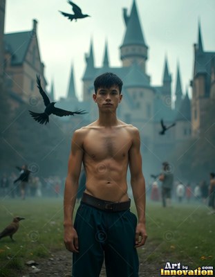 Standing shirtless outdoors, a young man watches black birds fly near a castle