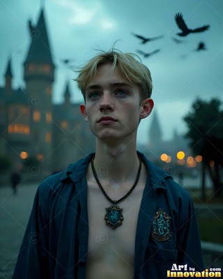 Young blond man in an open shirt outside a castle with birds above