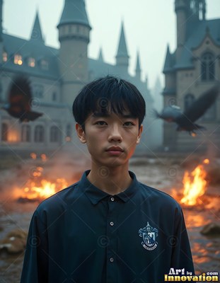 Wearing a dark polo shirt, a young man poses standing in a castle courtyard near flying ravens and fire