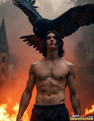 A shirtless man looks up as a black raven flies over him in fiery orange light