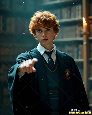 Facing forward in a library, a young man in black school robes points ahead