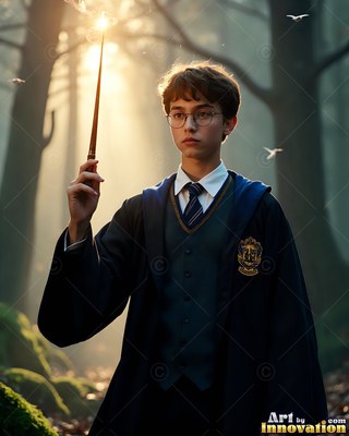 A young man in glasses and dark robes holds up a wand in a misty forest