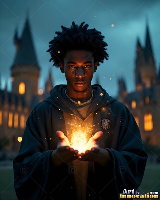 Outside a castle, a young man holds bright yellow sparks in his cupped hands