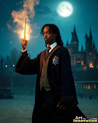 Holding up a lit wand, a young Black man in dark robes stands near a moonlit castle