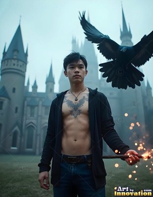 A shirtless young man has in his hands a sparkling wand beside a flying raven