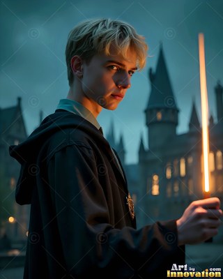 Blond hair falls across a young man holding a bright wand outside a castle