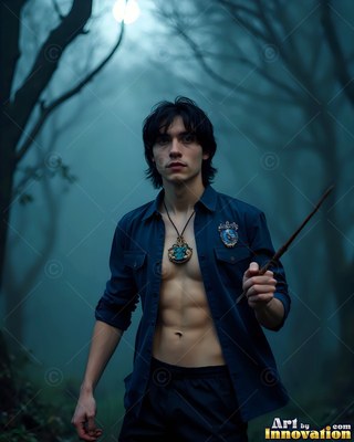 A young man holds a wooden wand in foggy woods under cold blue moonlight