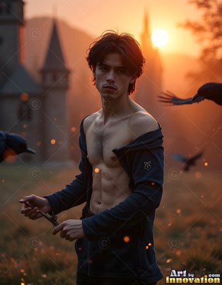 Standing bare-chested near castle towers at sunset, a young man clasps a small wand