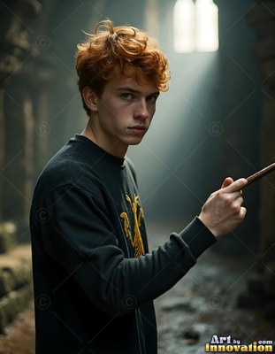A young red-haired man holds a small wand in a dark stone hallway