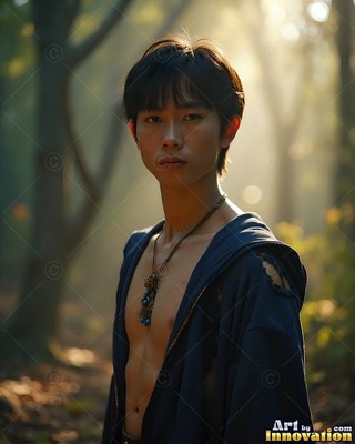 In a sunlit forest, a shirtless young man stands in an open dark blue robe