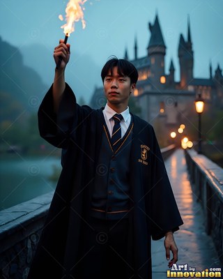 Holding up a flaming wand, a young man in black robes walks across a bridge toward a castle