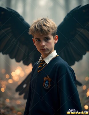A young blond man in a school uniform stands before black raven wings