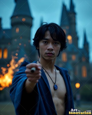 Wearing a clear blue robe, a bare-chested young man points his wand before a castle