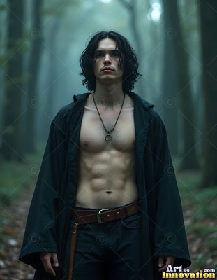 A shirtless young man stands in an open black robe in the pale green mist of a forest