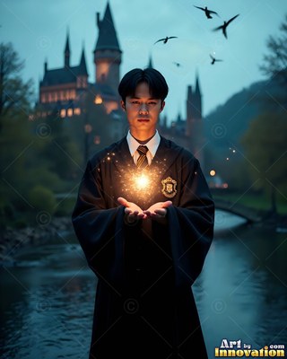 Standing near a river by a castle, a young man holds bright light in his hands