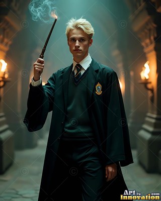 A blond young man in a dark green robe holds up a smoking wand in a hallway