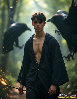 In a green forest, an open-robed young man stands between two large black ravens