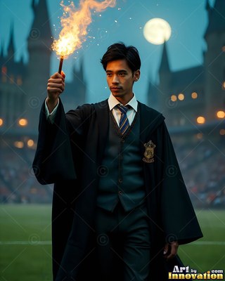 Holding a flaming wand, a young man stands in black school robes at night