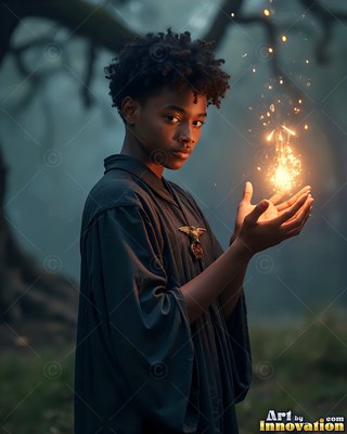 Young man in black robes holding bright sparks in the woods