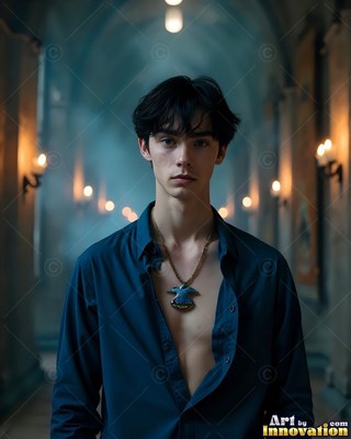 Wearing an open dark blue shirt, a young man stands in a dim castle hallway lined with lights