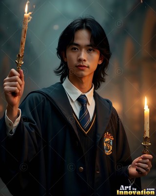 A young man in black school robes holds two lit candles in soft warm light