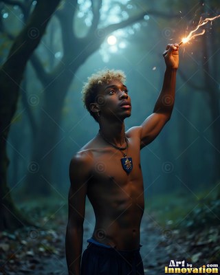 Facing right, a shirtless young man holds a lit sparkler high in dark woods
