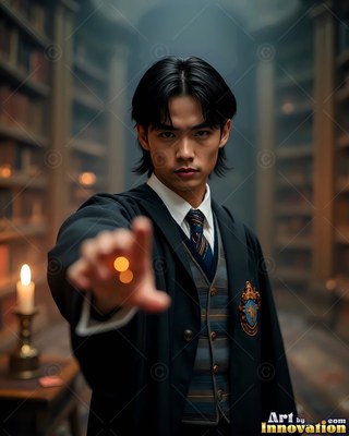A young man in a school uniform reaches forward in a dim library aisle