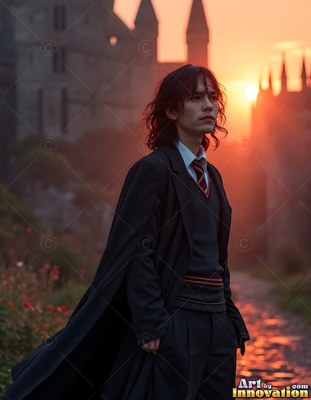 Outside a castle at sunset, a dark-haired man stands in a black school uniform