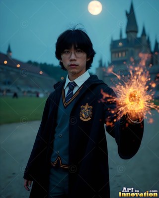 Holding sparks in his hand, a young man in dark school robes stands near a castle