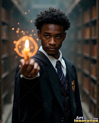 Young man in school robes holds a lit candle in a library hallway