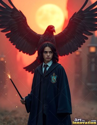 Dressed in a black school robe, a young man holds a sparking wand near a huge black raven under an orange sun