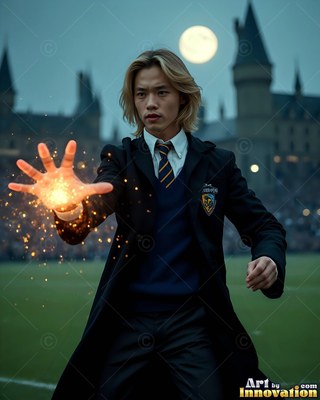 A young man extends his open hand with bright golden sparks beneath a full moon