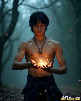 Facing forward in a dim forest, a shirtless man holds bright sparks in his hands